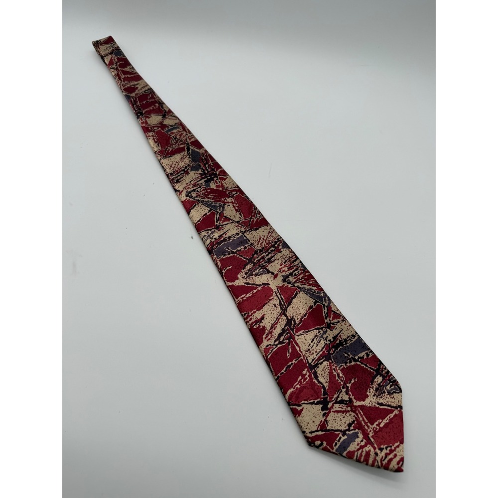 London Fog Mens Vintage Abstract Geometric Necktie Burgundy Cream Polyester USA